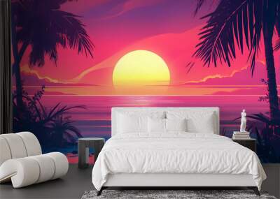 Sunset over the ocean. Tropical beach wallpaper with the ocean, pink sky and palm trees, in 80e style. Concept of paradise. For travel poster or card. Wall mural