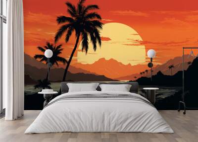 Tropical beach evening landscape with palm tree silhouettes on red orange sky background. Colorful gradient flat illustration of a palm island for travel poster, retro style landscape wallpaper Wall mural