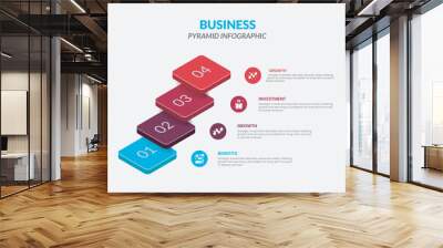 Pyramidal diagram with four colorful squar ribbon elements. Concept of 4 business options to choose. Creative infographic design template. Realistic vector illustration for website menu, banner. Wall mural