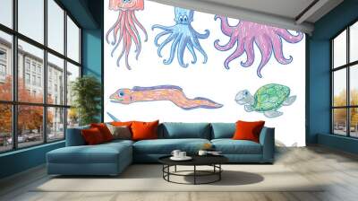 a paper with a doodle design of the different sea creatures with colour Wall mural