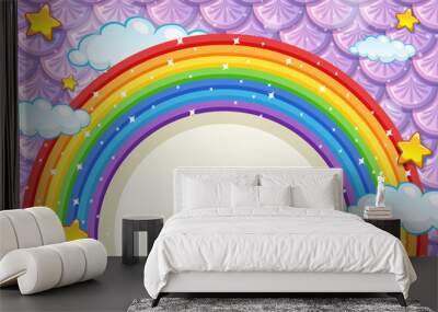 Blank banner with rainbow frame on purple fish scales background Wall mural