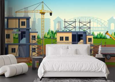 Cartoon scene of building construction site Wall mural