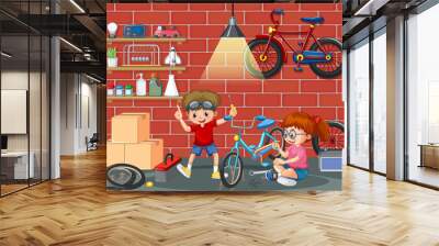 Children fixing a bicycle together in the room scene Wall mural