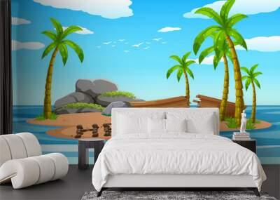 Deserted island with broken boat lying on the beach Wall mural