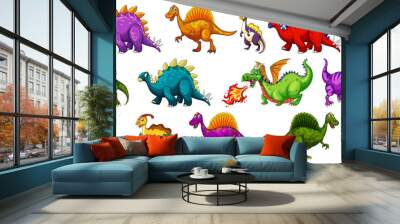 Different dinosaurs cartoon character and fantasy dragons isolated Wall mural