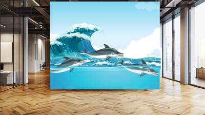 Dolphins swimming under the ocean Wall mural