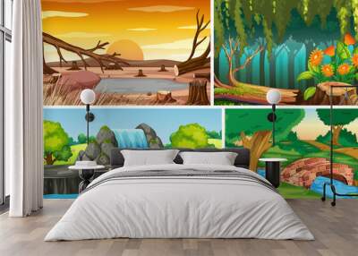 Four different nature scene of forest and water fall cartoon style Wall mural