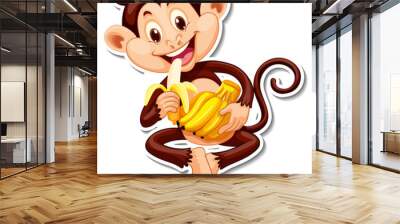 Monkey eating banana cartoon character sticker Wall mural