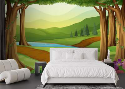 Nature scene with river and forest Wall mural