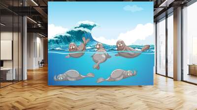 Seals swimming in the ocean Wall mural