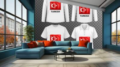 Set of different male shirts with Turkish flag screen on shirts isolated Wall mural