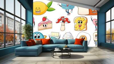 Set of facial expression with vintage style food cartoon on white background Wall mural