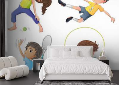 Two young girls exercising and two young boys playing Wall mural