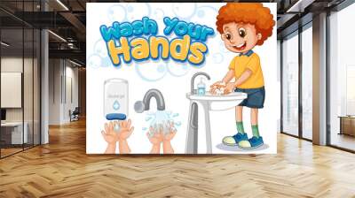 Wash your hands poster design with boy washing hands Wall mural