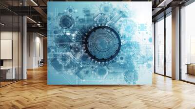 Abstract technology background with gear mechanism. 3d toned image double exposure generative ai Wall mural