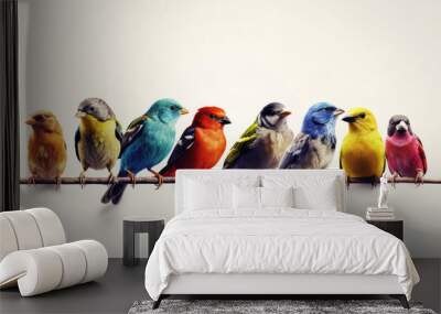 Colorful birds sitting on a wire isolated on a white background.  Wall mural