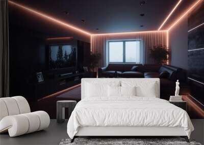 Interior of modern living room at night. 3D rendering. neon lights generative ai Wall mural