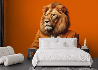 Lion in a suit and tie sits in an armchair on an orange background generative ai Wall mural