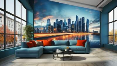 Modern cityscape and network connection concept. 3D rendering double exposure Wall mural