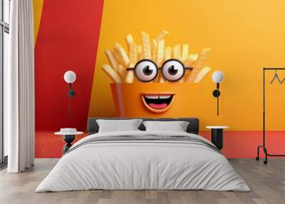 Potato fries with funny face character on orange background. 3d illustration generative ai Wall mural