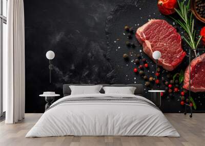 Raw beef steak with spices and herbs on black background, top view generative ai Wall mural