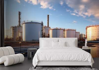 Refinery factory with blue sky and reflection in the water. Panorama Wall mural