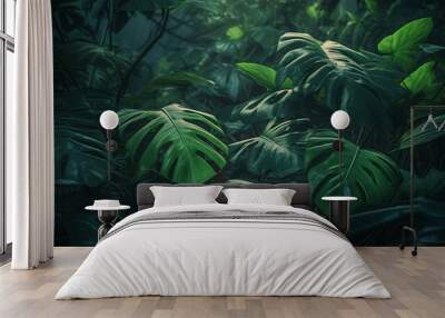 Tropical leaves in the rain forest. Nature and environment concept. generative ai Wall mural