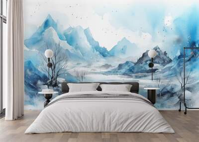 Watercolor painting of mountain landscape with lake and forest. Hand drawn illustration Wall mural