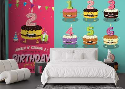 Birthday Anniversary Numbers Candle with Funny Character & Birthday Party Invitation Card Template Wall mural