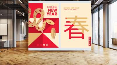 Set of Chinese new year 2025 year of the Snake poster with zodiac sign. Asian style design. Concept for traditional holiday card, banner, poster, decor element. Wall mural