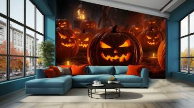 A close-up view of intricately carved pumpkin faces, lit from within by flickering candles, casting eerie shadows and adding a touch of spooky charm to a Halloween scene Wall mural