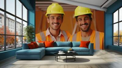 A headshot portrait of two young male civil engineers on a project site, smiling confidently at the camera, set against a solid colored background Wall mural