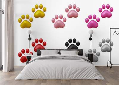 Set of dog or cat paw icons in 3d rendering isolated on transparent background for pet, animal concept. Wall mural