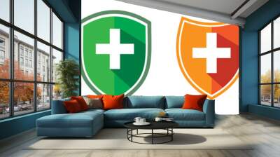 Blue medical health protection shield with cross vector icon illustration. Wall mural