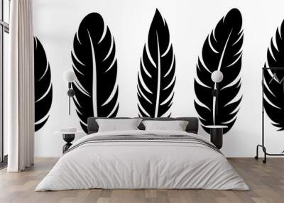 Black fluffy feather. Hand drawing vintage art realistic quill feathers for pen detailed isolated vector elegant silhouette sketch bird plume set Wall mural