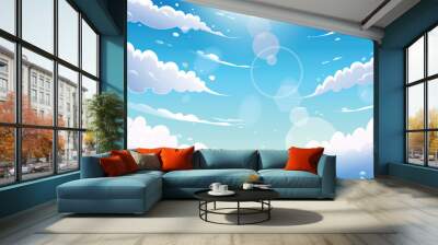 Blue sky with clouds. Anime style background with shining sun and white fluffy clouds. Sunny day sky scene cartoon vector illustration. Heavens with bright weather, summer season outdoor Wall mural