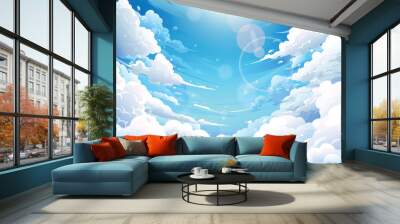 Blue sky with clouds. Anime style background with shining sun and white fluffy clouds. Sunny day sky scene cartoon vector illustration. Heavens with bright weather, summer season outdoor Wall mural