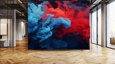  Witness the captivating fusion of acrylic blue and red pigments swirling and mixing in water, creating stunning ink blots against an enigmatic black canvas, each detail brought to life with the clari Wall mural