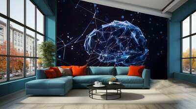 A digital art of the human brain made from geometric shapes, with blue lines and white dots representing neural connections on a black background Wall mural