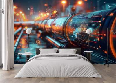 A futuristic gas pipe with holographic data visualizations and digital runes, surrounded by glowing energy waves in an industrial setting
 Wall mural