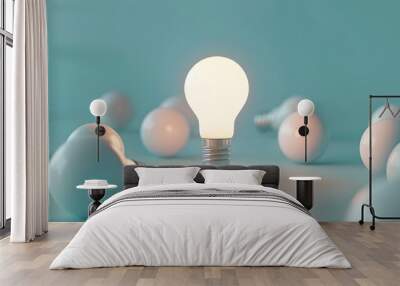 A glowing light bulb surrounded by multiple white bulbs on a simple background, symbolizing innovation and ideas. The focus is centered around the illuminated bulb which stands out from its surroundin Wall mural