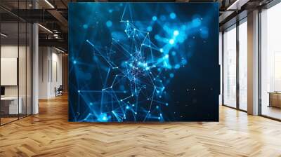 Abstract digital background with blue glowing connections and polygonal shapes on a dark blue backdrop, technology concept for a banner design Wall mural