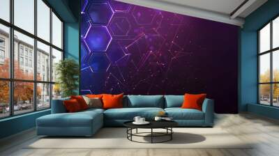 Abstract purple and blue background with hexagon pattern for technology, science or digital concept vector illustration design. Futuristic geometric polygonal wallpaper with grid connection dots line  Wall mural