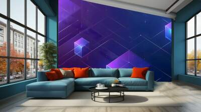 Abstract vector background with blue and purple gradient lines forming an isometric pattern of cubes on a dark navy blue background, representing technology or digital flow in the style of cyber Wall mural