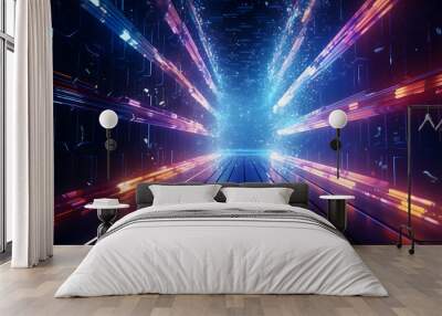 Embark on a mesmerizing journey through an abstract futuristic HUD tunnel, where technology reigns supreme, showcasing motion graphics of data centers, servers, and internet speed in breathtaking HD Wall mural