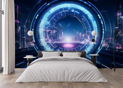 Embark on a mesmerizing journey through an abstract futuristic HUD tunnel, where technology reigns supreme, showcasing motion graphics of data centers, servers, and internet speed in breathtaking HD Wall mural