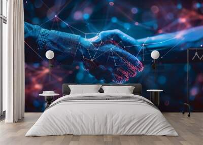 Handshake with digital connections on a dark background, symbolizing business collaboration and technology connection in the world of artificial intelligence and blockchain
 Wall mural