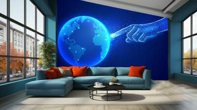 Artificial intelligence digital communication technology concept. Finger hand touch digital global map polygonal wireframe vector illustrations. Wall mural