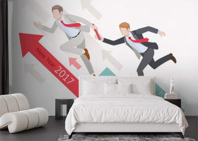 business growth concepts. two businessman passing the baton running relay race on arrow. vector illu Wall mural