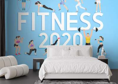 Exercises 2020 conceptual design. Set of young people doing workout. Sport fitness banner promotion vector Illustrations. Wall mural